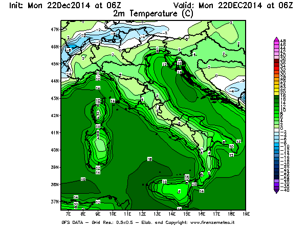 Mappa di analisi GFS - Temperatura a 2 metri dal suolo [°C] in Italia
									del 22/12/2014 06 <!--googleoff: index-->UTC<!--googleon: index-->