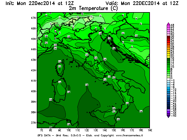 Mappa di analisi GFS - Temperatura a 2 metri dal suolo [°C] in Italia
							del 22/12/2014 12 <!--googleoff: index-->UTC<!--googleon: index-->