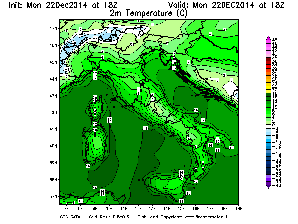 Mappa di analisi GFS - Temperatura a 2 metri dal suolo [°C] in Italia
									del 22/12/2014 18 <!--googleoff: index-->UTC<!--googleon: index-->