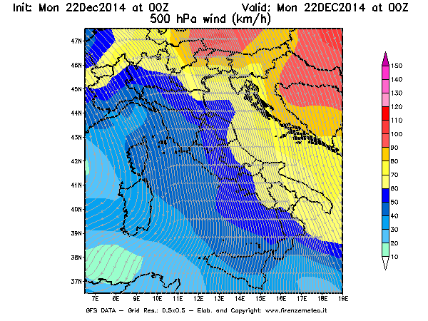 Mappa di analisi GFS - Velocità del vento a 500 hPa [km/h] in Italia
							del 22/12/2014 00 <!--googleoff: index-->UTC<!--googleon: index-->