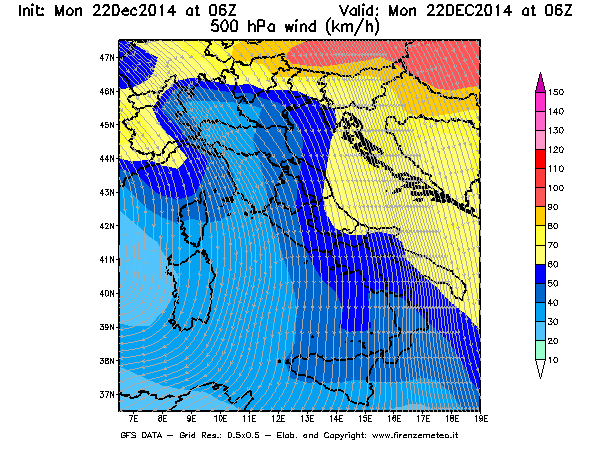 Mappa di analisi GFS - Velocità del vento a 500 hPa [km/h] in Italia
							del 22/12/2014 06 <!--googleoff: index-->UTC<!--googleon: index-->