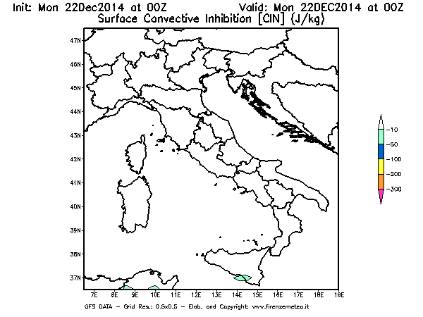 Mappa di analisi GFS - CIN [J/kg] in Italia
									del 22/12/2014 00 <!--googleoff: index-->UTC<!--googleon: index-->