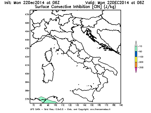 Mappa di analisi GFS - CIN [J/kg] in Italia
									del 22/12/2014 06 <!--googleoff: index-->UTC<!--googleon: index-->