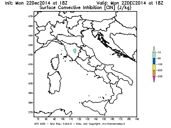 Mappa di analisi GFS - CIN [J/kg] in Italia
									del 22/12/2014 18 <!--googleoff: index-->UTC<!--googleon: index-->