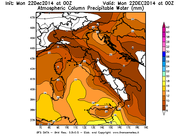 Mappa di analisi GFS - Precipitable Water [mm] in Italia
							del 22/12/2014 00 <!--googleoff: index-->UTC<!--googleon: index-->