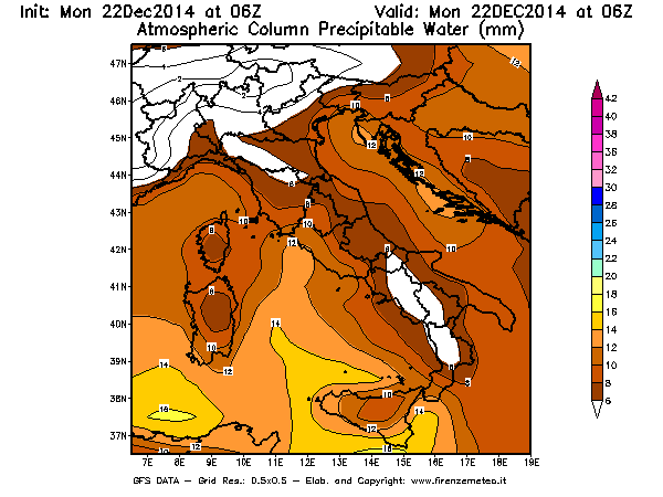 Mappa di analisi GFS - Precipitable Water [mm] in Italia
									del 22/12/2014 06 <!--googleoff: index-->UTC<!--googleon: index-->