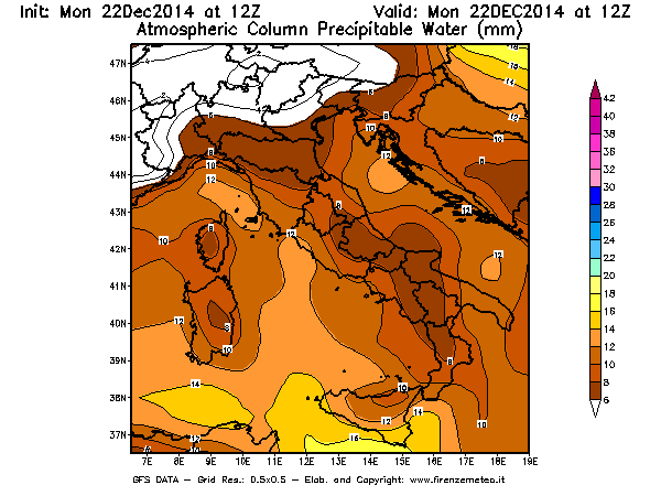 Mappa di analisi GFS - Precipitable Water [mm] in Italia
									del 22/12/2014 12 <!--googleoff: index-->UTC<!--googleon: index-->