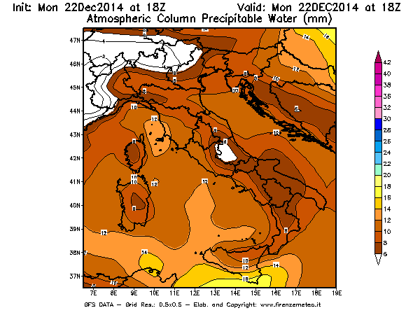 Mappa di analisi GFS - Precipitable Water [mm] in Italia
							del 22/12/2014 18 <!--googleoff: index-->UTC<!--googleon: index-->