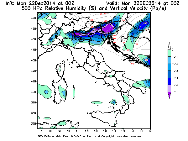 Mappa di analisi GFS - Umidità relativa [%] e Omega [Pa/s] a 500 hPa in Italia
									del 22/12/2014 00 <!--googleoff: index-->UTC<!--googleon: index-->