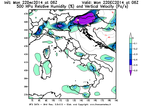 Mappa di analisi GFS - Umidità relativa [%] e Omega [Pa/s] a 500 hPa in Italia
							del 22/12/2014 06 <!--googleoff: index-->UTC<!--googleon: index-->