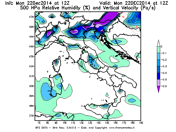 Mappa di analisi GFS - Umidità relativa [%] e Omega [Pa/s] a 500 hPa in Italia
									del 22/12/2014 12 <!--googleoff: index-->UTC<!--googleon: index-->