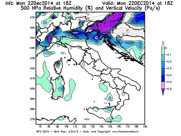 Mappa di analisi GFS - Umidità relativa [%] e Omega [Pa/s] a 500 hPa in Italia
									del 22/12/2014 18 <!--googleoff: index-->UTC<!--googleon: index-->