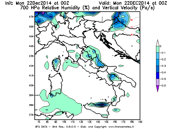 Mappa di analisi GFS - Umidità relativa [%] e Omega [Pa/s] a 700 hPa in Italia
									del 22/12/2014 00 <!--googleoff: index-->UTC<!--googleon: index-->