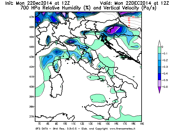 Mappa di analisi GFS - Umidità relativa [%] e Omega [Pa/s] a 700 hPa in Italia
							del 22/12/2014 12 <!--googleoff: index-->UTC<!--googleon: index-->