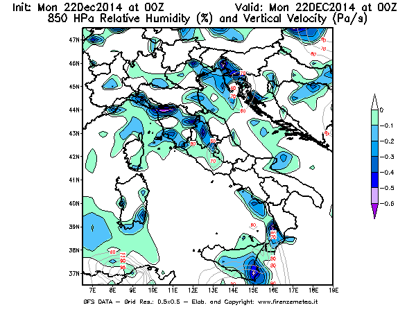 Mappa di analisi GFS - Umidità relativa [%] e Omega [Pa/s] a 850 hPa in Italia
									del 22/12/2014 00 <!--googleoff: index-->UTC<!--googleon: index-->