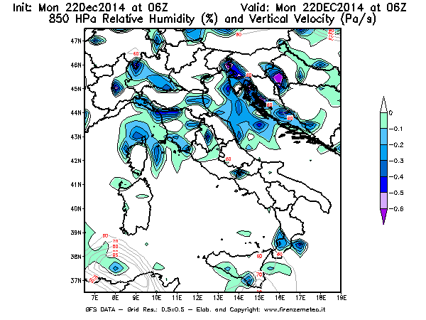 Mappa di analisi GFS - Umidità relativa [%] e Omega [Pa/s] a 850 hPa in Italia
							del 22/12/2014 06 <!--googleoff: index-->UTC<!--googleon: index-->