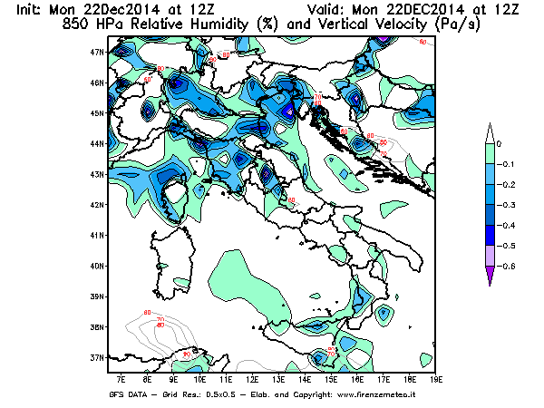 Mappa di analisi GFS - Umidità relativa [%] e Omega [Pa/s] a 850 hPa in Italia
									del 22/12/2014 12 <!--googleoff: index-->UTC<!--googleon: index-->