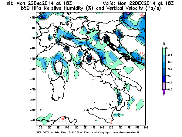 Mappa di analisi GFS - Umidità relativa [%] e Omega [Pa/s] a 850 hPa in Italia
							del 22/12/2014 18 <!--googleoff: index-->UTC<!--googleon: index-->