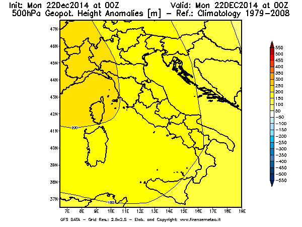 Mappa di analisi GFS - Anomalia di Geopotenziale a 500 hPa in Italia
									del 22/12/2014 00 <!--googleoff: index-->UTC<!--googleon: index-->