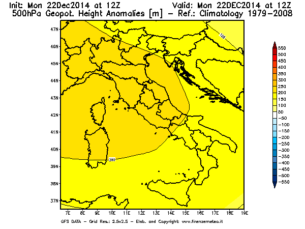 Mappa di analisi GFS - Anomalia di Geopotenziale a 500 hPa in Italia
									del 22/12/2014 12 <!--googleoff: index-->UTC<!--googleon: index-->