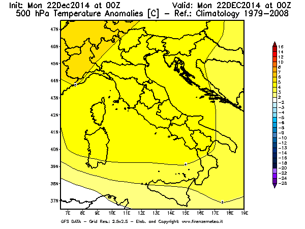 Mappa di analisi GFS - Anomalia Temperatura [°C] a 500 hPa in Italia
									del 22/12/2014 00 <!--googleoff: index-->UTC<!--googleon: index-->