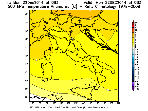 Mappa di analisi GFS - Anomalia Temperatura [°C] a 500 hPa in Italia
							del 22/12/2014 06 <!--googleoff: index-->UTC<!--googleon: index-->