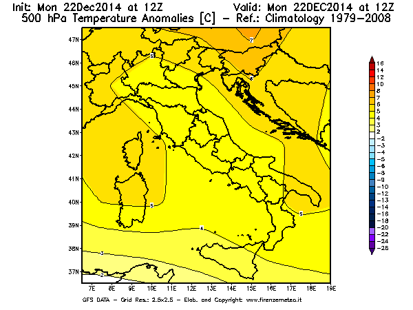 Mappa di analisi GFS - Anomalia Temperatura [°C] a 500 hPa in Italia
									del 22/12/2014 12 <!--googleoff: index-->UTC<!--googleon: index-->