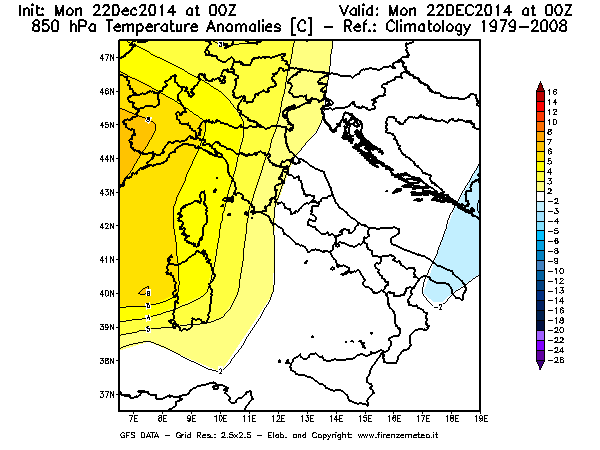 Mappa di analisi GFS - Anomalia Temperatura [°C] a 850 hPa in Italia
							del 22/12/2014 00 <!--googleoff: index-->UTC<!--googleon: index-->