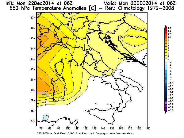 Mappa di analisi GFS - Anomalia Temperatura [°C] a 850 hPa in Italia
									del 22/12/2014 06 <!--googleoff: index-->UTC<!--googleon: index-->