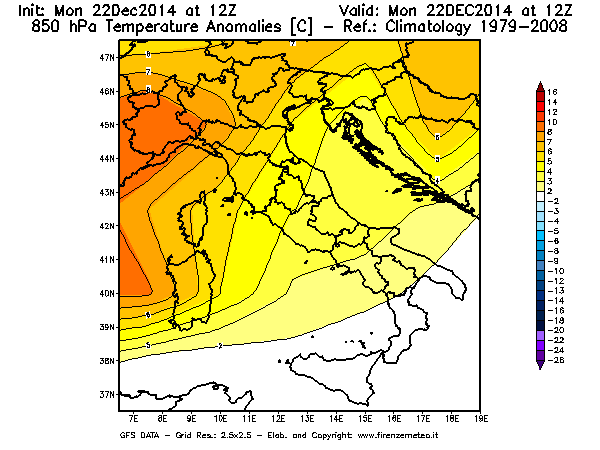 Mappa di analisi GFS - Anomalia Temperatura [°C] a 850 hPa in Italia
									del 22/12/2014 12 <!--googleoff: index-->UTC<!--googleon: index-->