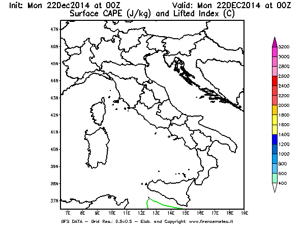 Mappa di analisi GFS - CAPE [J/kg] e Lifted Index [°C] in Italia
							del 22/12/2014 00 <!--googleoff: index-->UTC<!--googleon: index-->