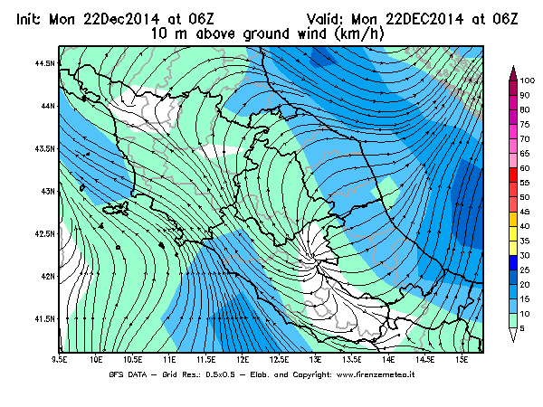 Mappa di analisi GFS - Velocità del vento a 10 metri dal suolo [km/h] in Centro-Italia
									del 22/12/2014 06 <!--googleoff: index-->UTC<!--googleon: index-->