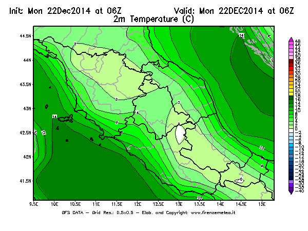 Mappa di analisi GFS - Temperatura a 2 metri dal suolo [°C] in Centro-Italia
									del 22/12/2014 06 <!--googleoff: index-->UTC<!--googleon: index-->