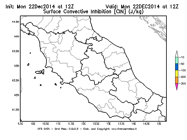 Mappa di analisi GFS - CIN [J/kg] in Centro-Italia
							del 22/12/2014 12 <!--googleoff: index-->UTC<!--googleon: index-->