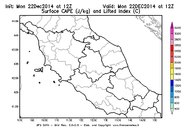Mappa di analisi GFS - CAPE [J/kg] e Lifted Index [°C] in Centro-Italia
									del 22/12/2014 12 <!--googleoff: index-->UTC<!--googleon: index-->