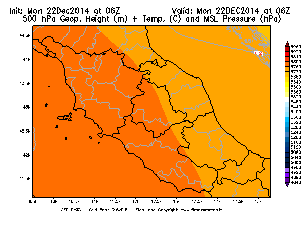 Mappa di analisi GFS - Geopotenziale [m] + Temp. [°C] a 500 hPa + Press. a livello del mare [hPa] in Centro-Italia
									del 22/12/2014 06 <!--googleoff: index-->UTC<!--googleon: index-->