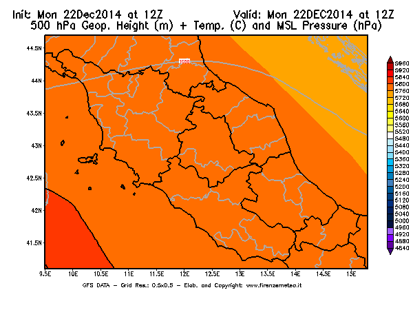 Mappa di analisi GFS - Geopotenziale [m] + Temp. [°C] a 500 hPa + Press. a livello del mare [hPa] in Centro-Italia
									del 22/12/2014 12 <!--googleoff: index-->UTC<!--googleon: index-->
