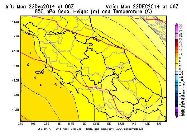 Mappa di analisi GFS - Geopotenziale [m] e Temperatura [°C] a 850 hPa in Centro-Italia
							del 22/12/2014 06 <!--googleoff: index-->UTC<!--googleon: index-->