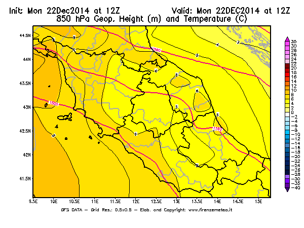 Mappa di analisi GFS - Geopotenziale [m] e Temperatura [°C] a 850 hPa in Centro-Italia
							del 22/12/2014 12 <!--googleoff: index-->UTC<!--googleon: index-->