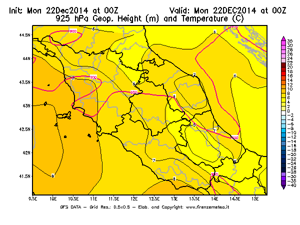 Mappa di analisi GFS - Geopotenziale [m] e Temperatura [°C] a 925 hPa in Centro-Italia
									del 22/12/2014 00 <!--googleoff: index-->UTC<!--googleon: index-->