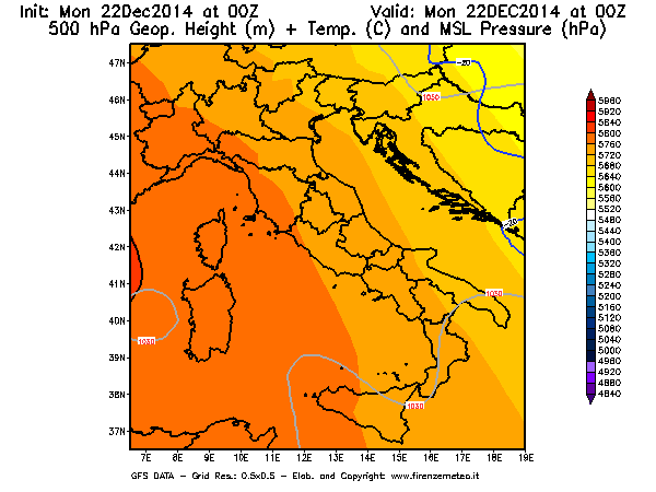 Mappa di analisi GFS - Geopotenziale [m] + Temp. [°C] a 500 hPa + Press. a livello del mare [hPa] in Italia
									del 22/12/2014 00 <!--googleoff: index-->UTC<!--googleon: index-->