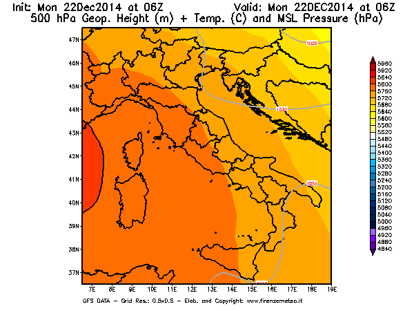 Mappa di analisi GFS - Geopotenziale [m] + Temp. [°C] a 500 hPa + Press. a livello del mare [hPa] in Italia
							del 22/12/2014 06 <!--googleoff: index-->UTC<!--googleon: index-->