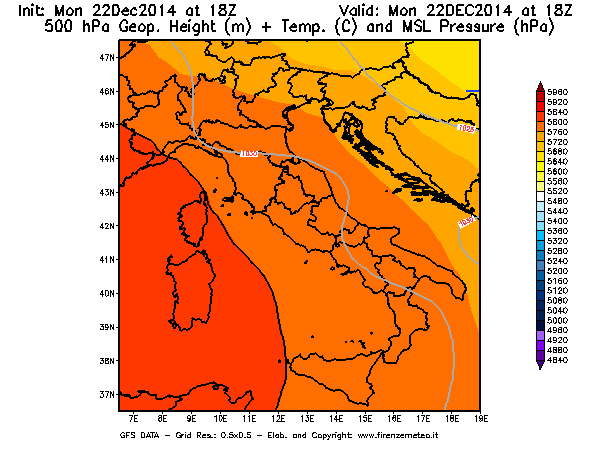 Mappa di analisi GFS - Geopotenziale [m] + Temp. [°C] a 500 hPa + Press. a livello del mare [hPa] in Italia
							del 22/12/2014 18 <!--googleoff: index-->UTC<!--googleon: index-->