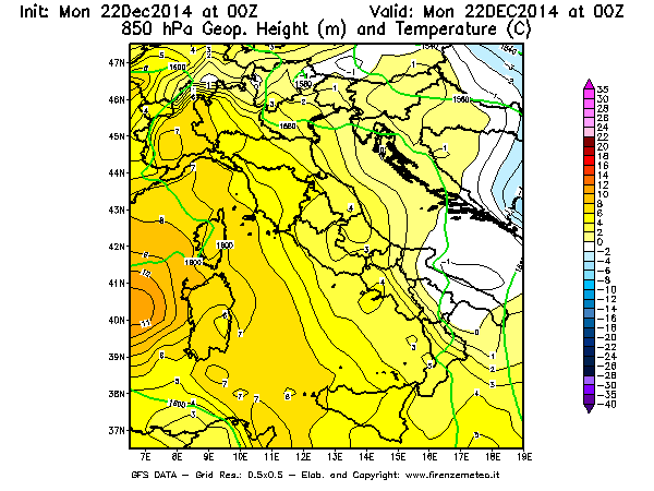 Mappa di analisi GFS - Geopotenziale [m] e Temperatura [°C] a 850 hPa in Italia
							del 22/12/2014 00 <!--googleoff: index-->UTC<!--googleon: index-->