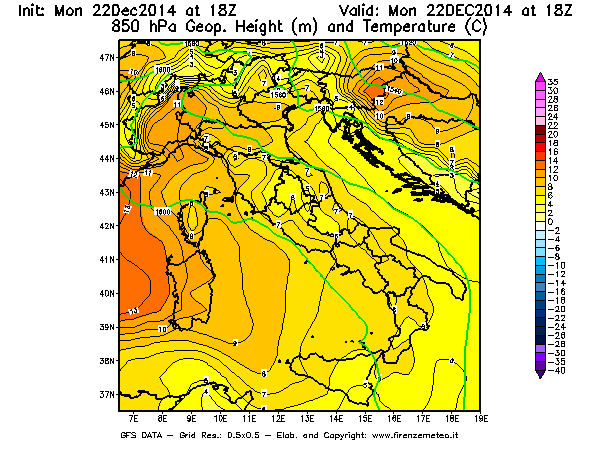 Mappa di analisi GFS - Geopotenziale [m] e Temperatura [°C] a 850 hPa in Italia
									del 22/12/2014 18 <!--googleoff: index-->UTC<!--googleon: index-->