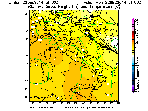Mappa di analisi GFS - Geopotenziale [m] e Temperatura [°C] a 925 hPa in Italia
									del 22/12/2014 00 <!--googleoff: index-->UTC<!--googleon: index-->