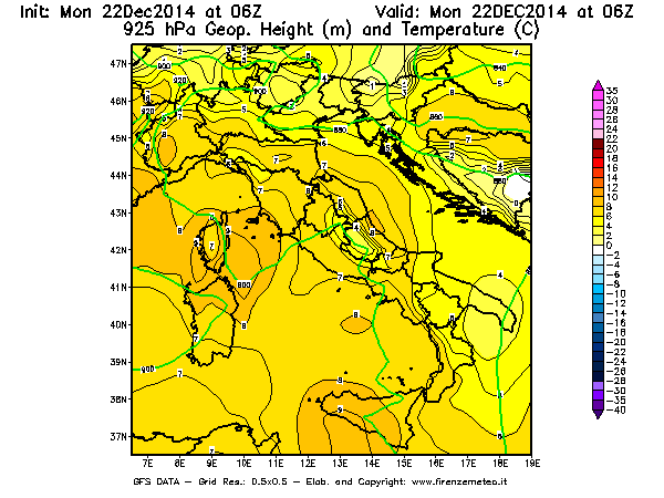Mappa di analisi GFS - Geopotenziale [m] e Temperatura [°C] a 925 hPa in Italia
									del 22/12/2014 06 <!--googleoff: index-->UTC<!--googleon: index-->