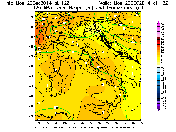 Mappa di analisi GFS - Geopotenziale [m] e Temperatura [°C] a 925 hPa in Italia
							del 22/12/2014 12 <!--googleoff: index-->UTC<!--googleon: index-->