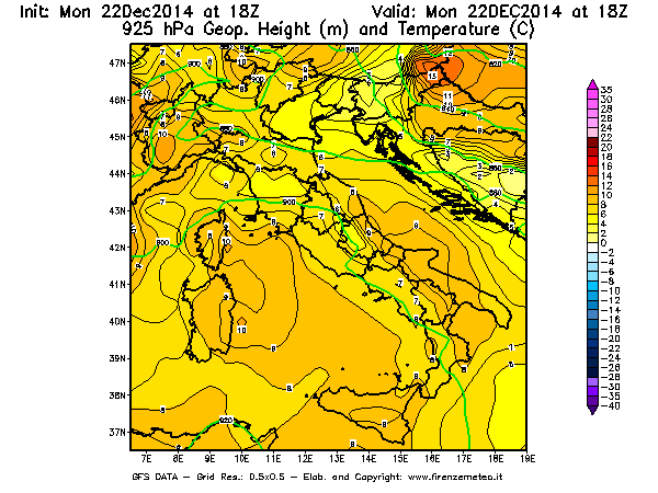 Mappa di analisi GFS - Geopotenziale [m] e Temperatura [°C] a 925 hPa in Italia
									del 22/12/2014 18 <!--googleoff: index-->UTC<!--googleon: index-->