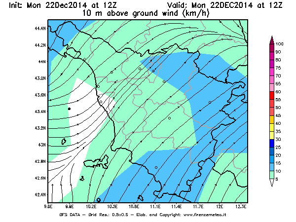 Mappa di analisi GFS - Velocità del vento a 10 metri dal suolo [km/h] in Toscana
									del 22/12/2014 12 <!--googleoff: index-->UTC<!--googleon: index-->